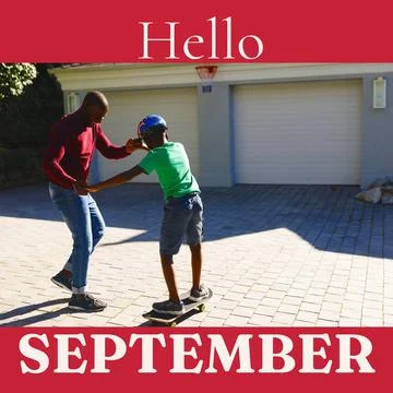 Composite of hello september text over african american father with son in Fotos Stock