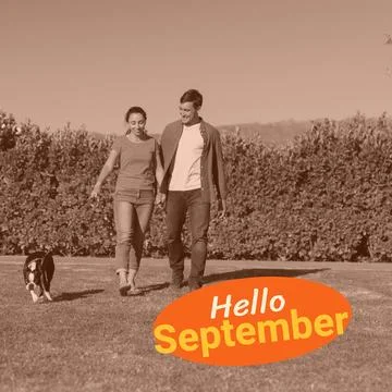 Composite of hello september text over caucasian couple with dog in garden Fotos Stock