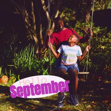 Composite of hello september text over african american father with son in Fotos Stock