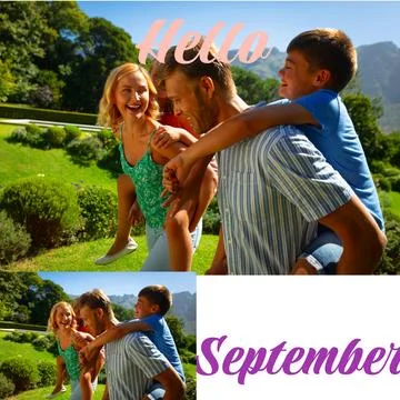 Composite of hello september text over caucasian couple with son and daughter in Fotos Stock