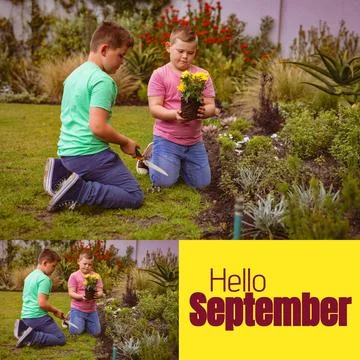Composite of hello september text over caucasian boys in garden Fotos Stock