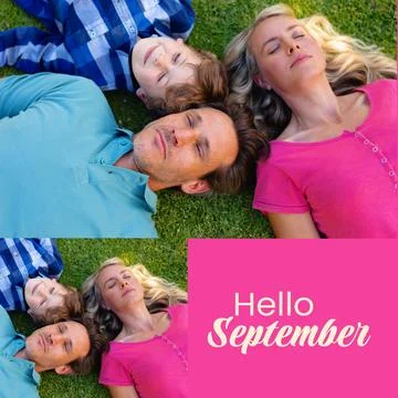 Composite of hello september text over caucasian couple with son in garden Fotos Stock