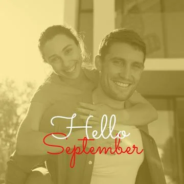 Composite of hello september text over caucasian couple smiling in garden Fotos Stock
