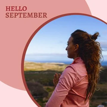 Composite of hello september text over caucasian woman in nature Fotos Stock