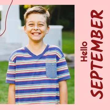 Composite of hello september text over smiling caucasian boy in garden Fotos Stock