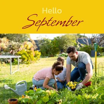 Composite of hello september text over caucasian father with son and daughter in Fotos Stock