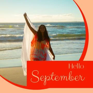 Composite of hello september text over asian woman on beach Fotos Stock