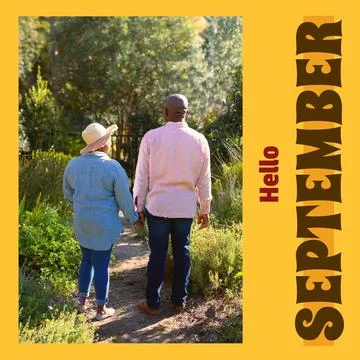 Composite of hello september text over senior african american couple in garden Fotos Stock