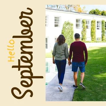 Composite of hello september text over caucasian couple in garden Fotos Stock