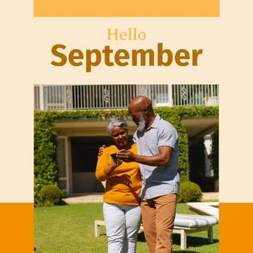 Composite of hello september text over senior african american couple in garden Fotos Stock