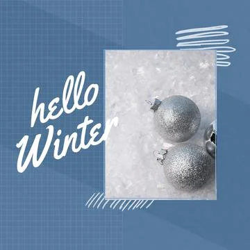 Composite of hello winter text and christmas baubles on snow with grid pattern Stock Photos