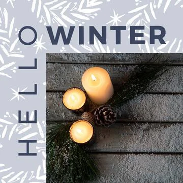 Composite of hello winter text and high angle view of candles, pinecone and Stock Photos