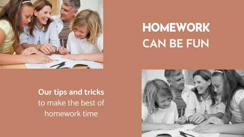 Composite of homework can be fun text over caucasian couple and children Fotos Stock