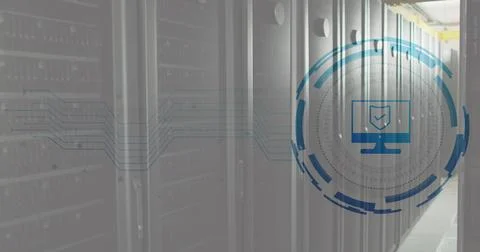 Composite of icon and data processing over computer servers Illustrazione stock