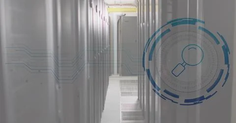 Composite of icon and data processing over computer servers Illustrazione stock