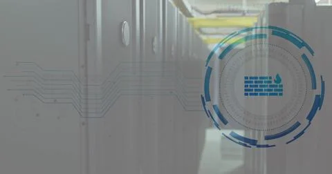 Composite of icon and data processing over computer servers Illustrazione stock