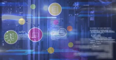 Composite of icons and data processing over computer servers 스톡 일러스트