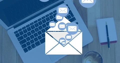 Composite of icons over open envelope against laptop and notepad on wooden Stock Illustration