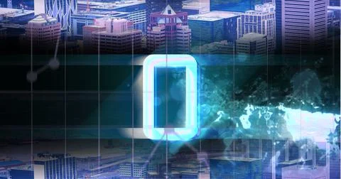 Composite of illuminated 0 number with grid pattern forming map against aerial Stock Illustration