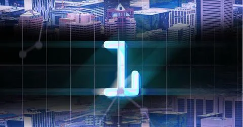 Composite of illuminated 1 number with grid pattern forming map against aerial Stock Illustration