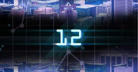Composite of illuminated 12 numbers with grid pattern and connected dots over Illustrazione stock
