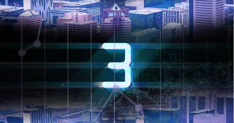 Composite of illuminated 3 number with grid pattern forming map against aerial Stock Illustration