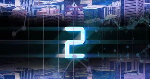 Composite of illuminated 3 number with grid pattern forming map against aerial Stock Illustration