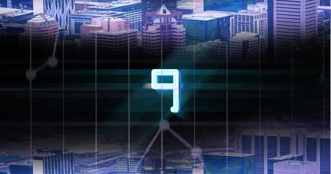 Composite of illuminated 9 number with grid pattern and connected dots over 스톡 일러스트