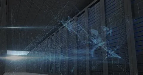 Composite of illuminated connected low over low angle view of server racks in Stock Illustration