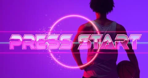 Composite of illuminated press start text with circle over rear view of biracial Stock Photos