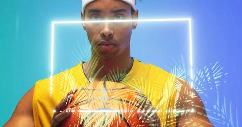 Composite of illuminated rectangle and plants over portrait of serious biracial Stock Photos