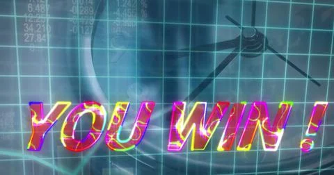 Composite of illuminated you win text with grid pattern and numbers over clock, イラスト素材