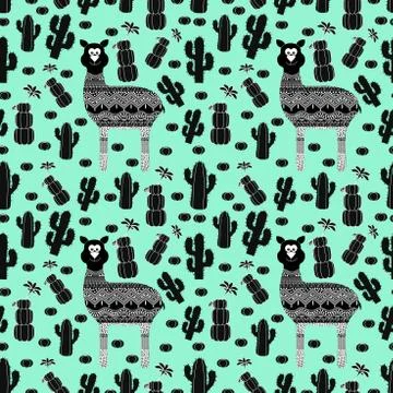 Composite illustration of a pattern with an image of a llama and a cactus Stock Illustration