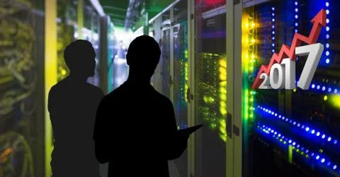 Composite image of 3D 2017 as growth graph against silhouette of technicians Stock Illustration