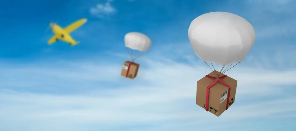 Composite image of 3d composite image of parachute carrying cardboard box Foto stock