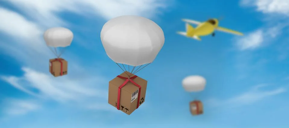 Composite image of 3d digital image of parachute carrying cardboard box Foto stock