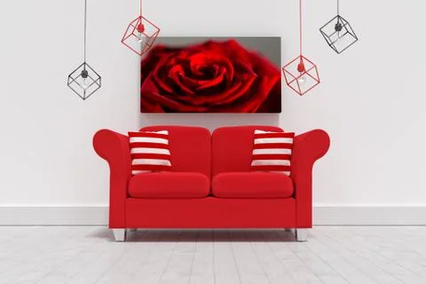 Composite image of 3d illustration of empty red sofa with cushions Stock Illustration