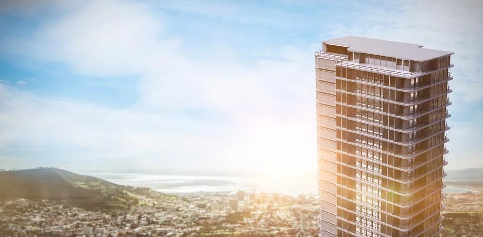 Composite image of 3d illustration of modern office buildings Ilustración de archivo