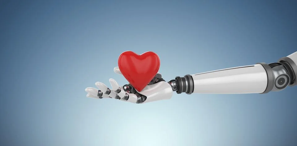 Composite image of 3d image of bionic person holding heart shape decor Illustrazione stock