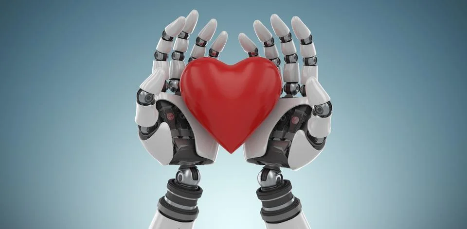 Composite image of 3d image of bionic person holding red heart shape decor Stockillustratie