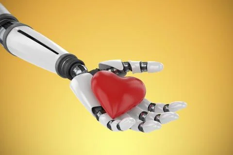Composite image of 3d image of bionic person holding red heart shape decor Stockillustratie