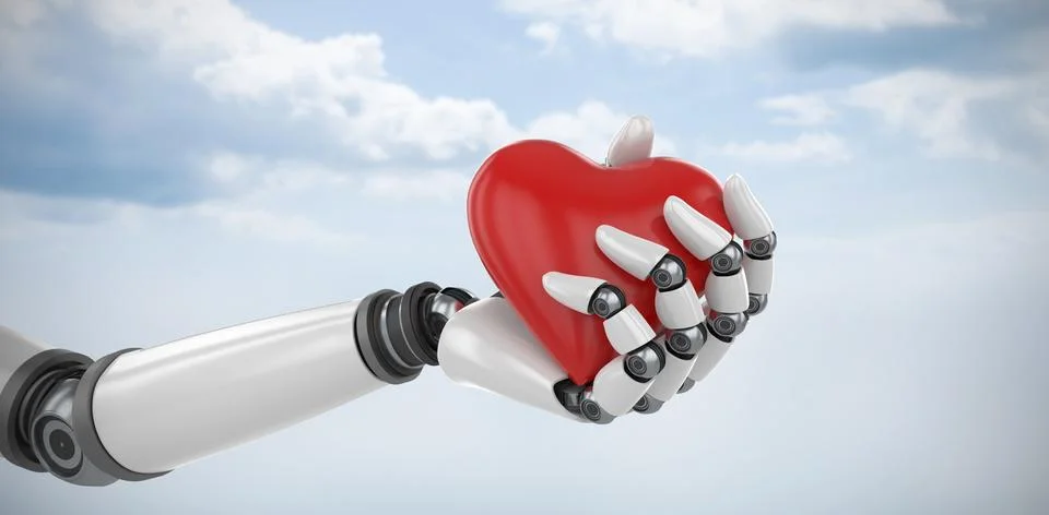 Composite image of 3d image of bionic person holding heart shape decor Stockillustratie