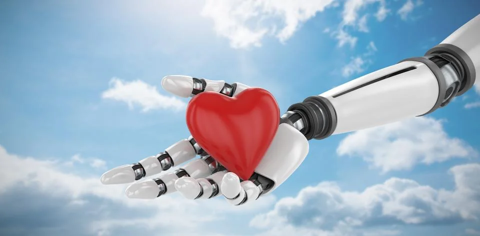Composite image of 3d image of bionic person holding heart shape decor Stock Illustration