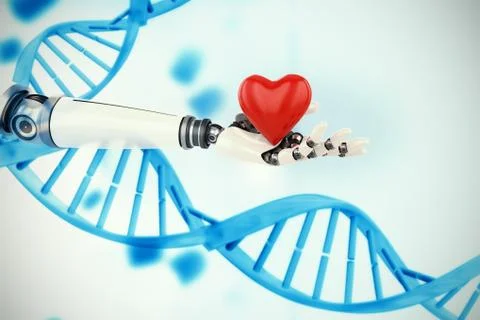 Composite image of 3d image of bionic person holding heart shape decor Stockillustratie