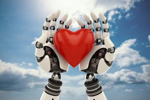 Composite image of 3d image of bionic person holding red heart shape decor Stock Illustration