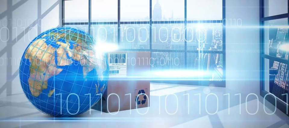 Composite image of 3d image of blue lines on planet earth by box Illustrazione stock