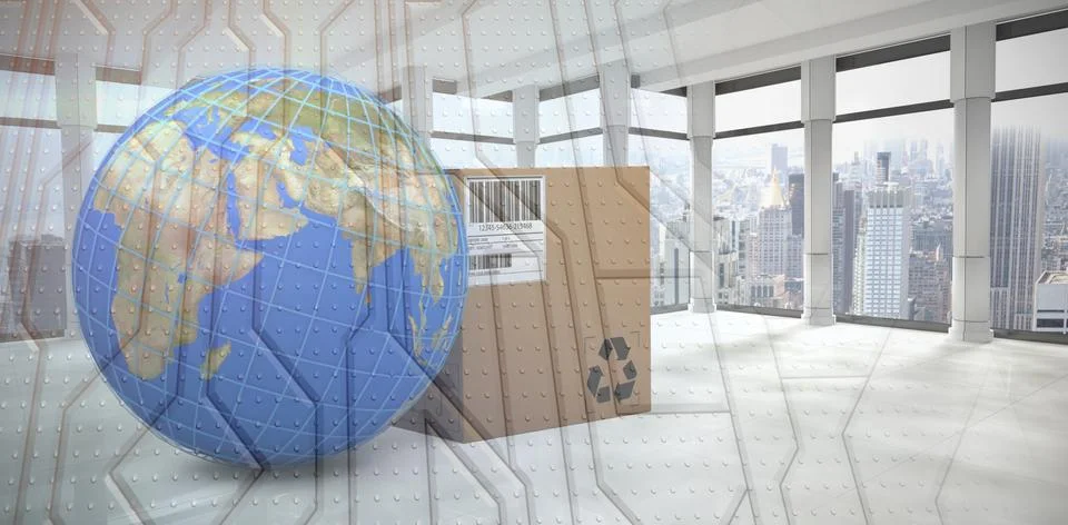 Composite image of 3d image of blue lines on planet earth by box Stock Photos