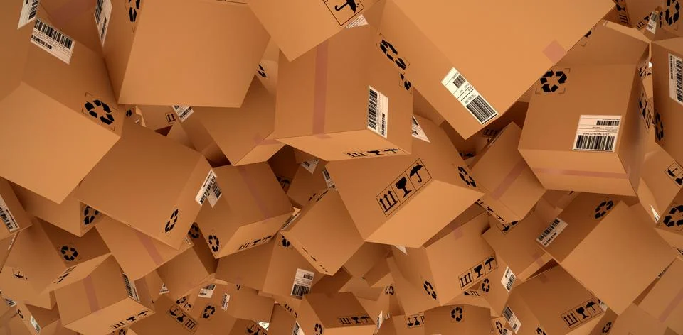 Composite image of 3d image of brown cardboard courier boxes 스톡 사진
