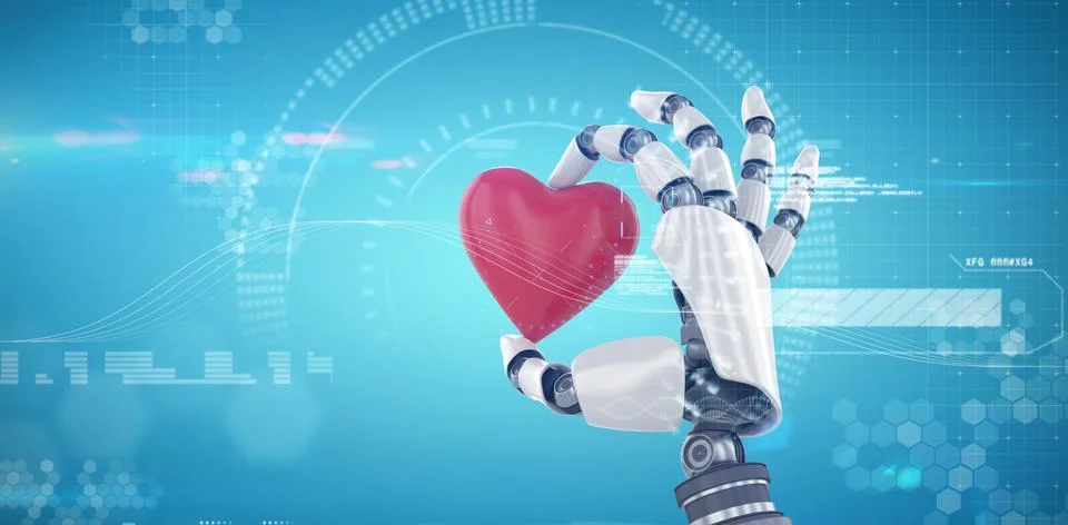 Composite image of 3d image of cyborg holding red heart shape decor Stockillustratie