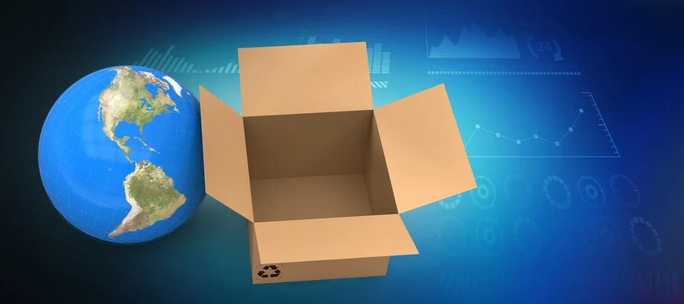 Composite image of 3d image of globe with empty cardboard box Stock Illustration